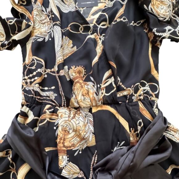 Fashion Nova Romper Skylar Black Gold Chain Tassel Balloon Long Sleeve Small NEW - Picture 9 of 12